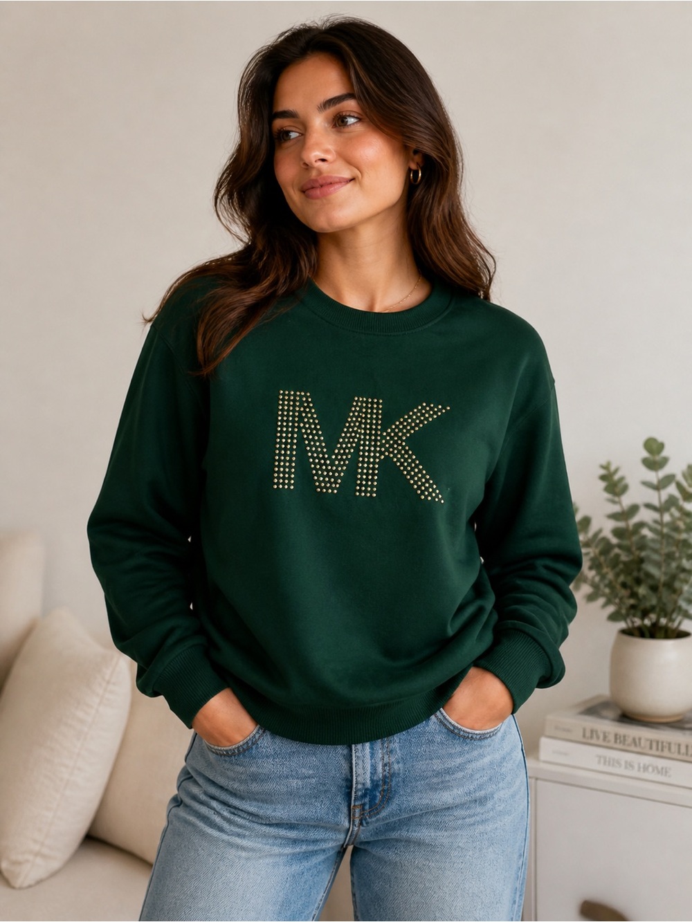 Michael Kors Forest Green Crewneck Sweatshirt with Gold Stud MK Logo